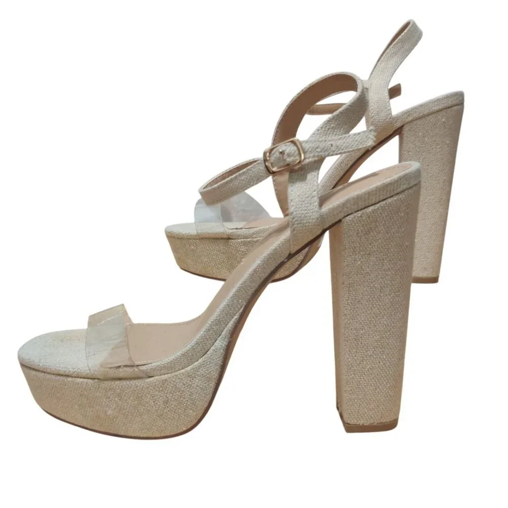 JustFab 8 Platform Block Heel Clear Strap Sandals Gold Glitter Linen Bridal Chic